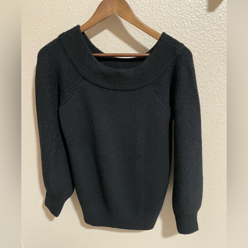 Cuyana Elegant Off The Shoulder Ribbed Knit Black baby alpaca Sweater